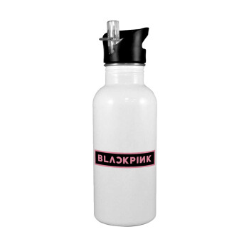 BLACKPINK, White water bottle with straw, stainless steel 600ml