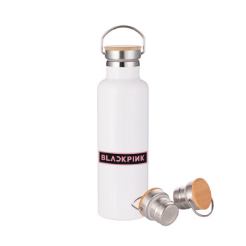 BLACKPINK, Stainless steel White with wooden lid (bamboo), double wall, 750ml