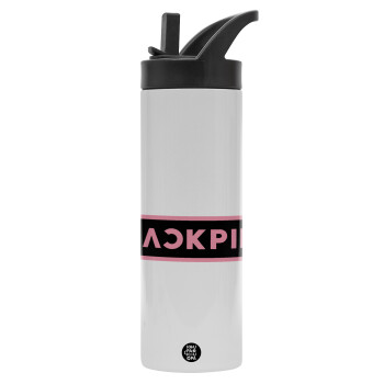 BLACKPINK, Metallic thermos bottle with straw & handle, stainless steel (Stainless steel 304), double-walled, 600ml.
