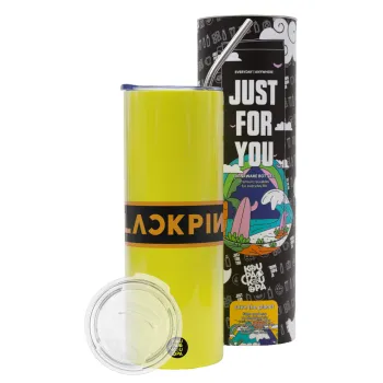 BLACKPINK, Neon Yellow Travel Tumbler θερμό, μεταλλικό καλαμάκι(Ανωξείδωτο 304 Food grade, BPA free, 600ml)