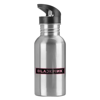BLACKPINK, Water bottle Silver with straw, stainless steel 600ml