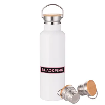 BLACKPINK, Μεταλλικό παγούρι θερμός (Stainless steel) Λευκό με ξύλινο καπάκι (bamboo), διπλού τοιχώματος, 750ml
