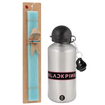 BLACKPINK, Easter Set, metallic silver aluminum water bottle (500ml) & scented flat Easter candle (30cm) (TURQUOISE)