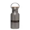 Stainless steel metallic thermos flask, silver with a bamboo lid, double-walled, 350ml.