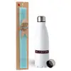 Easter Set, metallic stainless steel water bottle (750ml) & aromatic flat Easter candle (30cm) (TURQUOISE)