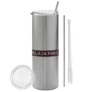 BLACKPINK, Tumbler ποτήρι θερμό Ασημένιο από ανοξείδωτο ατσάλι 600ml, με μεταλλικό καλαμάκι & βούρτσα καθαρισμού