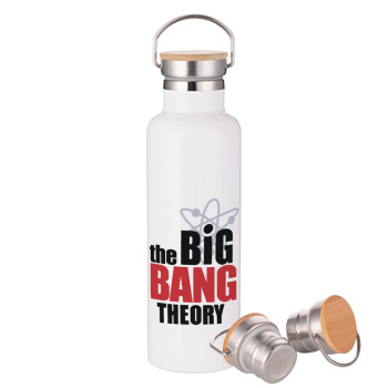 The Big Bang Theory, Μεταλλικό παγούρι θερμός (Stainless steel) Λευκό με ξύλινο καπάκι (bamboo), διπλού τοιχώματος, 750ml