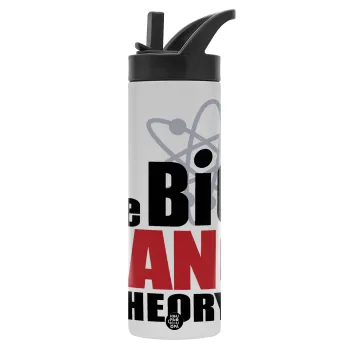 The Big Bang Theory, Μεταλλικό παγούρι θερμός με καλαμάκι & χειρολαβή, ανοξείδωτο ατσάλι (Stainless steel 304), διπλού τοιχώματος, 600ml