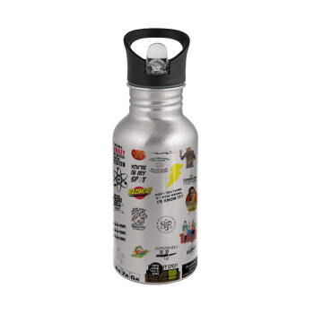 The Big Bang Theory pattern, Water bottle Silver with straw, stainless steel 500ml