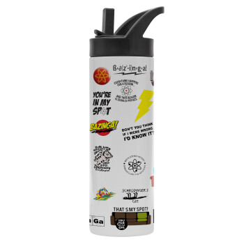 The Big Bang Theory pattern, Metallic thermos bottle with straw & handle, stainless steel (Stainless steel 304), double-walled, 600ml.