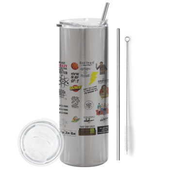 The Big Bang Theory pattern, Eco friendly stainless steel Silver tumbler 600ml, with metal straw & cleaning brush