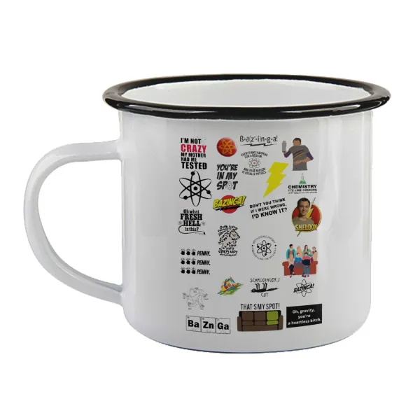The Big Bang Theory pattern — Enamel mug with black rim, 360ml