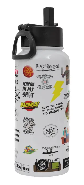 The Big Bang Theory pattern — Metal mug thermo White with Straw and Spout Lid (Stainless steel), double wall, 950ml