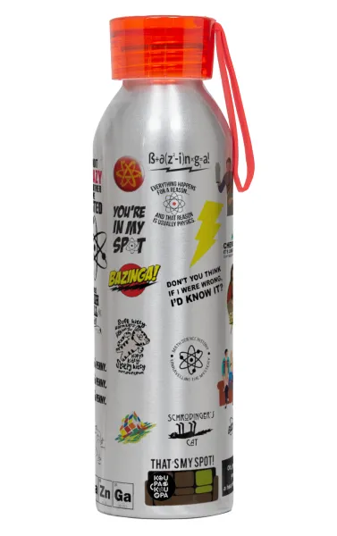 The Big Bang Theory pattern — Αλουμινένιο Αθλητικό Μπουκάλι 650ml – Ασημί με Κόκκινο Καπάκι και Λουράκι Σιλικόνης