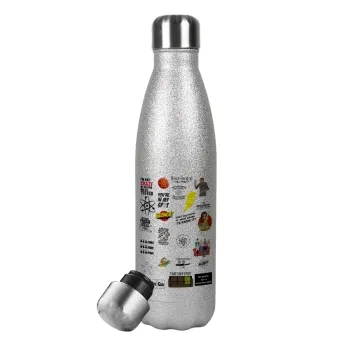 The Big Bang Theory pattern, Μεταλλικό παγούρι θερμός Glitter Aσημένιο (Stainless steel), διπλού τοιχώματος, 500ml