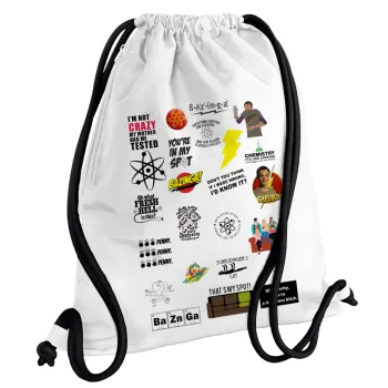 The Big Bang Theory pattern, Backpack pouch GYMBAG white, with pocket (40x48cm) & thick cords