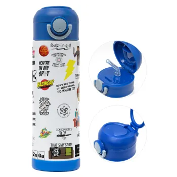 The Big Bang Theory pattern, Children's hot water bottle, stainless steel, with safety straw, BLUE (500ml)
