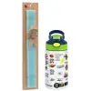Easter Set, Children's thermal stainless steel bottle with safety straw, green/blue (350ml) & aromatic flat Easter candle (30cm) (TURQUOISE)
