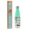 Easter Set, Metallic green/white thermos (Stainless steel), double-walled, 500ml & scented flat Easter candle (30cm) (TURQUOISE)