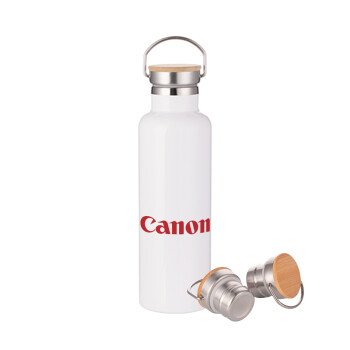 Canon, Μεταλλικό παγούρι θερμός (Stainless steel) Λευκό με ξύλινο καπακι (bamboo), διπλού τοιχώματος, 750ml