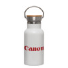 Metallic thermos (Stainless steel) White with wooden lid (bamboo), double-walled, 350ml