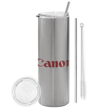 Canon, Eco friendly ποτήρι θερμό Ασημένιο (tumbler) από ανοξείδωτο ατσάλι 600ml, με μεταλλικό καλαμάκι & βούρτσα καθαρισμού