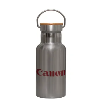 Canon, Μεταλλικό παγούρι θερμός (Stainless steel) Ασημένιο με ξύλινο καπακι (bamboo), διπλού τοιχώματος, 350ml