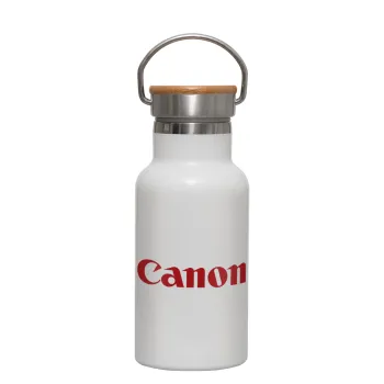 Canon, Μεταλλικό παγούρι θερμός (Stainless steel) Λευκό με ξύλινο καπακι (bamboo), διπλού τοιχώματος, 350ml