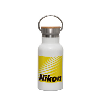 Nikon, Μεταλλικό παγούρι θερμός (Stainless steel) Λευκό με ξύλινο καπακι (bamboo), διπλού τοιχώματος, 350ml