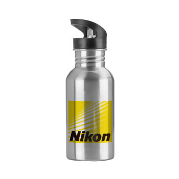 Nikon, Water bottle Silver with straw, stainless steel 600ml