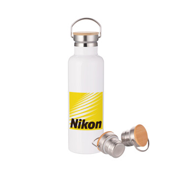 Nikon, Μεταλλικό παγούρι θερμός (Stainless steel) Λευκό με ξύλινο καπακι (bamboo), διπλού τοιχώματος, 750ml