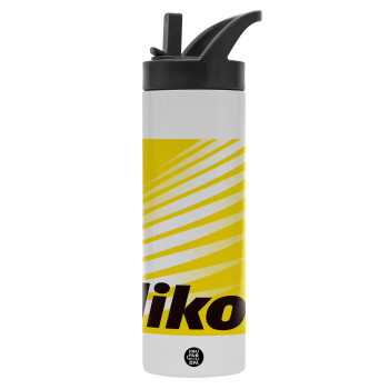 Nikon, Μεταλλικό παγούρι θερμός με καλαμάκι & χειρολαβή, ανοξείδωτο ατσάλι (Stainless steel 304), διπλού τοιχώματος, 600ml