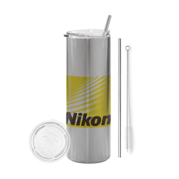 Nikon, Eco friendly ποτήρι θερμό Ασημένιο (tumbler) από ανοξείδωτο ατσάλι 600ml, με μεταλλικό καλαμάκι & βούρτσα καθαρισμού