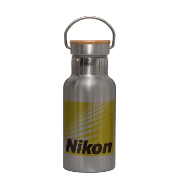 Nikon, Μεταλλικό παγούρι θερμός (Stainless steel) Ασημένιο με ξύλινο καπακι (bamboo), διπλού τοιχώματος, 350ml