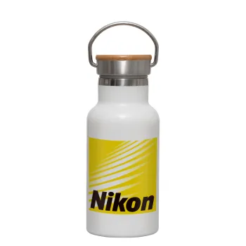 Nikon, Μεταλλικό παγούρι θερμός (Stainless steel) Λευκό με ξύλινο καπακι (bamboo), διπλού τοιχώματος, 350ml
