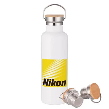 Nikon, Μεταλλικό παγούρι θερμός (Stainless steel) Λευκό με ξύλινο καπάκι (bamboo), διπλού τοιχώματος, 750ml