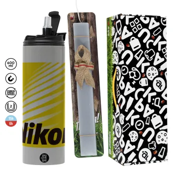 Nikon, Πασχαλινή Λαμπάδα με Travel Tumbler θερμό (600ml, BPA free) & κερί αρωματικό πλακέ (30cm) (ΓΚΡΙ)