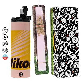 Nikon, Πασχαλινή Λαμπάδα με  ΡΟΖ Travel Tumbler θερμό (600ml, BPA free) & κερί αρωματικό πλακέ (30cm) (ΡΟΖ)