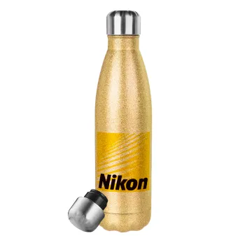 Nikon, Glitter gold stainless steel thermos bottle, double-walled, 500ml