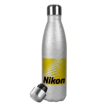 Nikon, Μεταλλικό παγούρι θερμός Glitter Aσημένιο (Stainless steel), διπλού τοιχώματος, 500ml