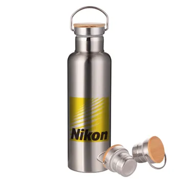 Nikon, Stainless steel Silver with wooden lid (bamboo), double wall, 750ml
