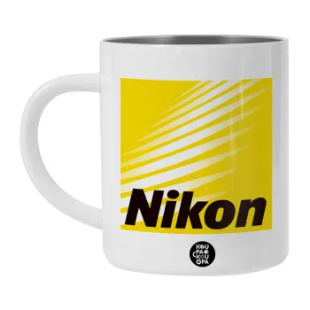 Nikon, Λευκή Ανοξείδωτη Μεταλλική Κούπα 450ml - Διπλού Τοιχώματος 