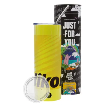 Nikon, Neon Yellow Travel Tumbler θερμό, μεταλλικό καλαμάκι(Ανωξείδωτο 304 Food grade, BPA free, 600ml)