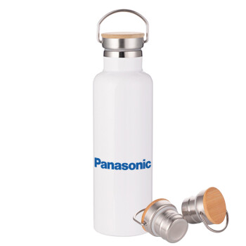 Panasonic, Μεταλλικό παγούρι θερμός (Stainless steel) Λευκό με ξύλινο καπακι (bamboo), διπλού τοιχώματος, 750ml
