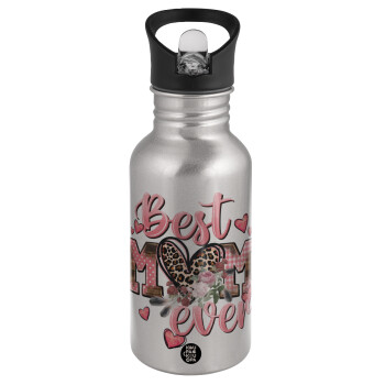 Best mom ever Mother's Day, Water bottle Silver with straw, stainless steel 500ml