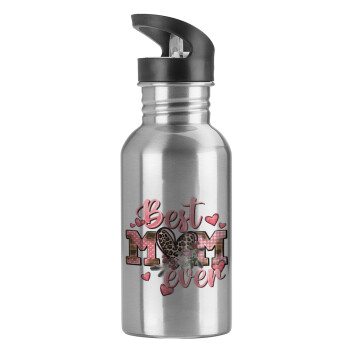 Best mom ever Mother's Day, Water bottle Silver with straw, stainless steel 600ml