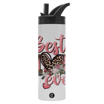 Best mom ever Mother's Day, Metallic thermos bottle with straw & handle, stainless steel (Stainless steel 304), double-walled, 600ml.