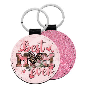 Best mom ever Mother's Day, Μπρελόκ Δερματίνη, στρογγυλό ΡΟΖ (5cm)
