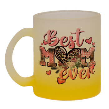 Best mom ever Mother's Day, Κούπα γυάλινη δίχρωμη με βάση το κίτρινο ματ, 330ml