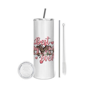 Best mom ever Mother's Day, Tumbler ποτήρι θερμό από ανοξείδωτο ατσάλι 600ml, με μεταλλικό καλαμάκι & βούρτσα καθαρισμού